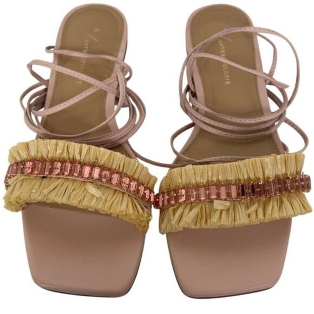 Anthropologie Embellished Tie‎ Up Pink/Rose Raffia Square Toe Sandals New in Box